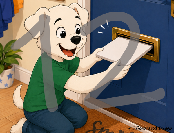 An AI generated illustration of an excited cartoon child kneeling on a doormat, they're a puppy wearing green and holding a white box that has been posted through the front door. The number 12 is superimposed over the scene.