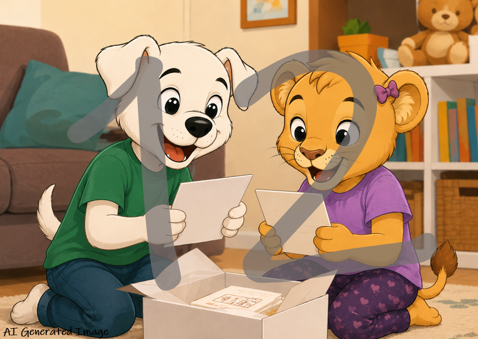 An AI generated cartoon illustration of two animal children, a white puppy in a green shirt and a golden lion cub in a purple shirt, sitting on the floor together and looking at cards inside an open box in a cozy living room setting. The number 12 is superimposed over the scene.