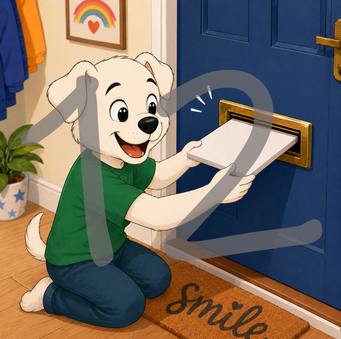 A illustration of an excited cartoon child kneeling on a doormat, they're a puppy wearing green and holding a white box that has been posted through the front door. The number 6 is superimposed over the scene.