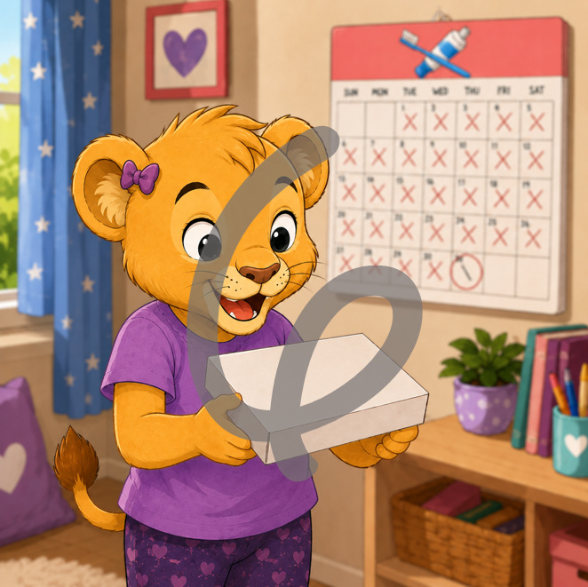 A illustration of an excited cartoon child, they're a golden lion cub wearing purple and standing in a cosy bedroom holding a white box. The number 6 is superimposed over the scene.