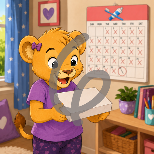 A illustration of an excited cartoon child, they're a golden lion cub wearing purple and standing in a cosy bedroom holding a white box. The number 6 is superimposed over the scene.