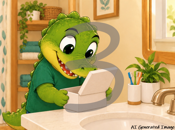 An AI generated cartoon of a green alligator character in a bathroom scene, smiling and holding an open white box near a sink. The scene includes a mirror, faucet, toothbrush holder, plants, and shelves in a warm beige interior. The number 3 is superimposed over the scene.