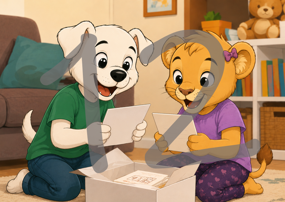 A cartoon illustration of two animal children, a white puppy in a green shirt and a golden lion cub in a purple shirt, sitting on the floor together and looking at cards inside an open box in a cozy living room setting. The number 12 is superimposed over the scene.