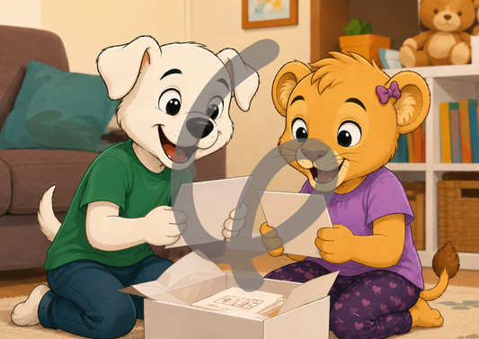 A cartoon illustration of two animal children, a white puppy in a green shirt and a golden lion cub in a purple shirt, sitting on the floor together and looking at cards inside an open box in a cozy living room setting. The number 6 is superimposed over the scene.