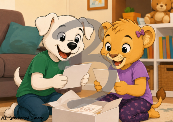 An AI generated cartoon illustration of two animal children, a white puppy in a green shirt and a golden lion cub in a purple shirt, sitting on the floor together and looking at cards inside an open box in a cozy living room setting. The number 3 is superimposed over the scene.