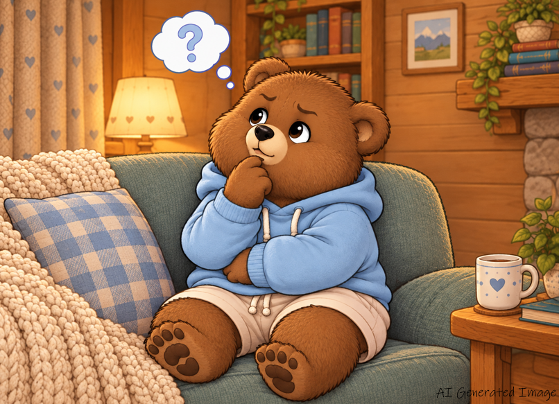 An AI generated cartoon brown bear wearing a light blue hoodie and cream shorts sits on a teal couch in a cozy wood-paneled room, with a thought bubble above its head.