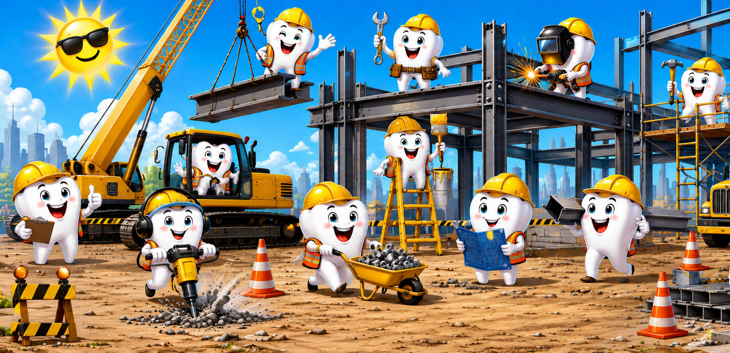Cartoon teeth in construction worker outfits on a construction site with machinery and tools.